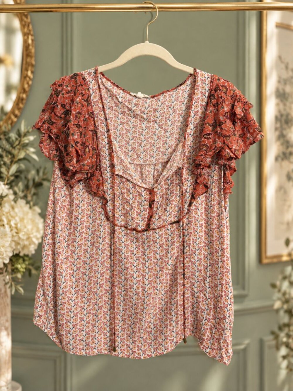 Jane & Delancey Floral Babydoll Blouse Size M Rust Cream Ruffle Sleeve Rayon